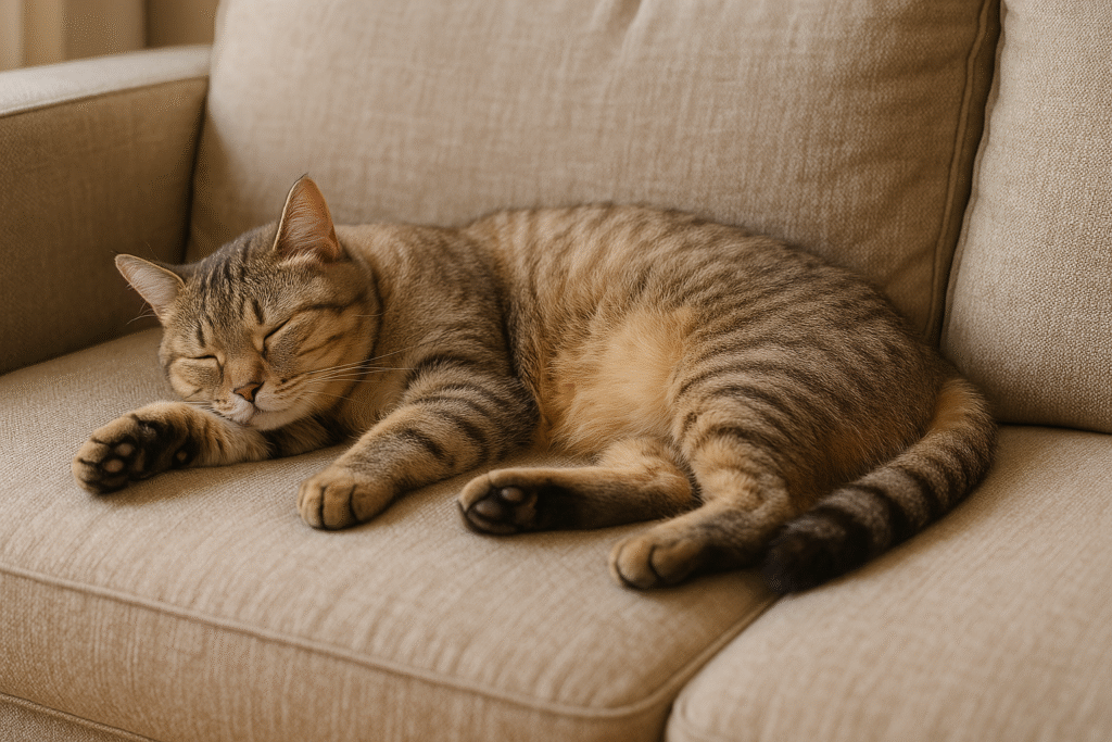 プロンプトは「ソファで気持ち良さそうに眠る猫の写真を生成してください」by ChatGPT
