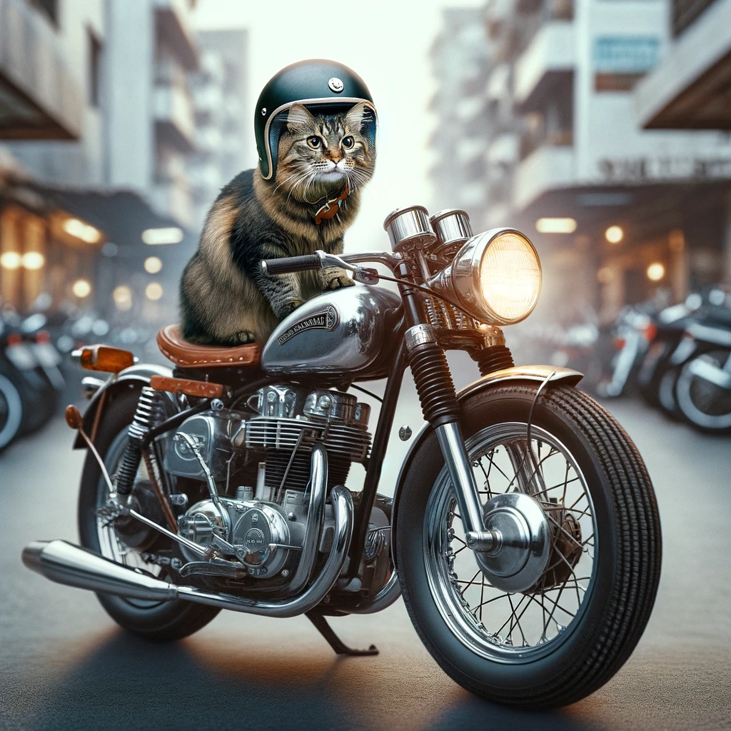 プロンプトは「オートバイに乗る猫の写真を生成してください」by DALL·E