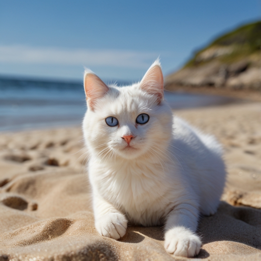 プロンプトは「海辺で遊ぶ猫の写真を生成してください」by Leonardo Ai