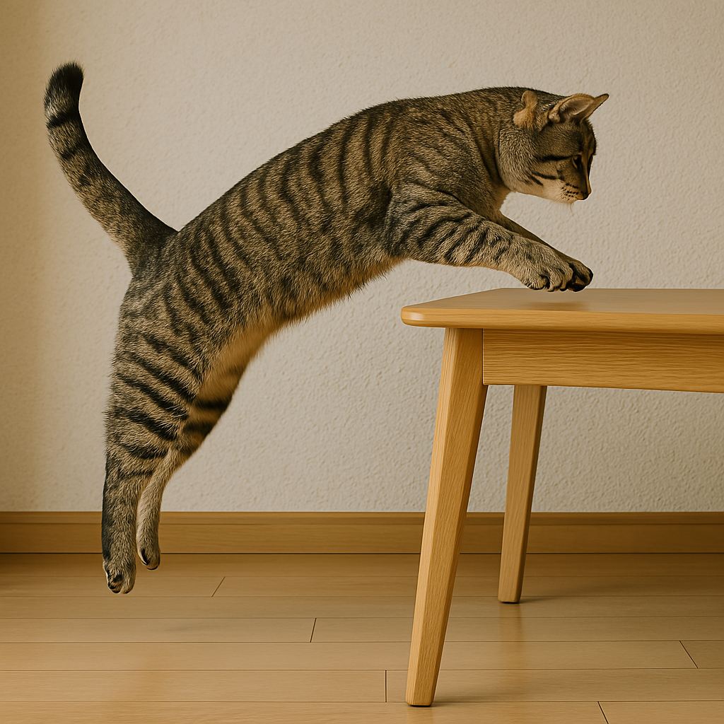 プロンプトは「ジャンプしてテーブルに飛び乗ろうとする猫の写真を生成してください」by ChatGPT