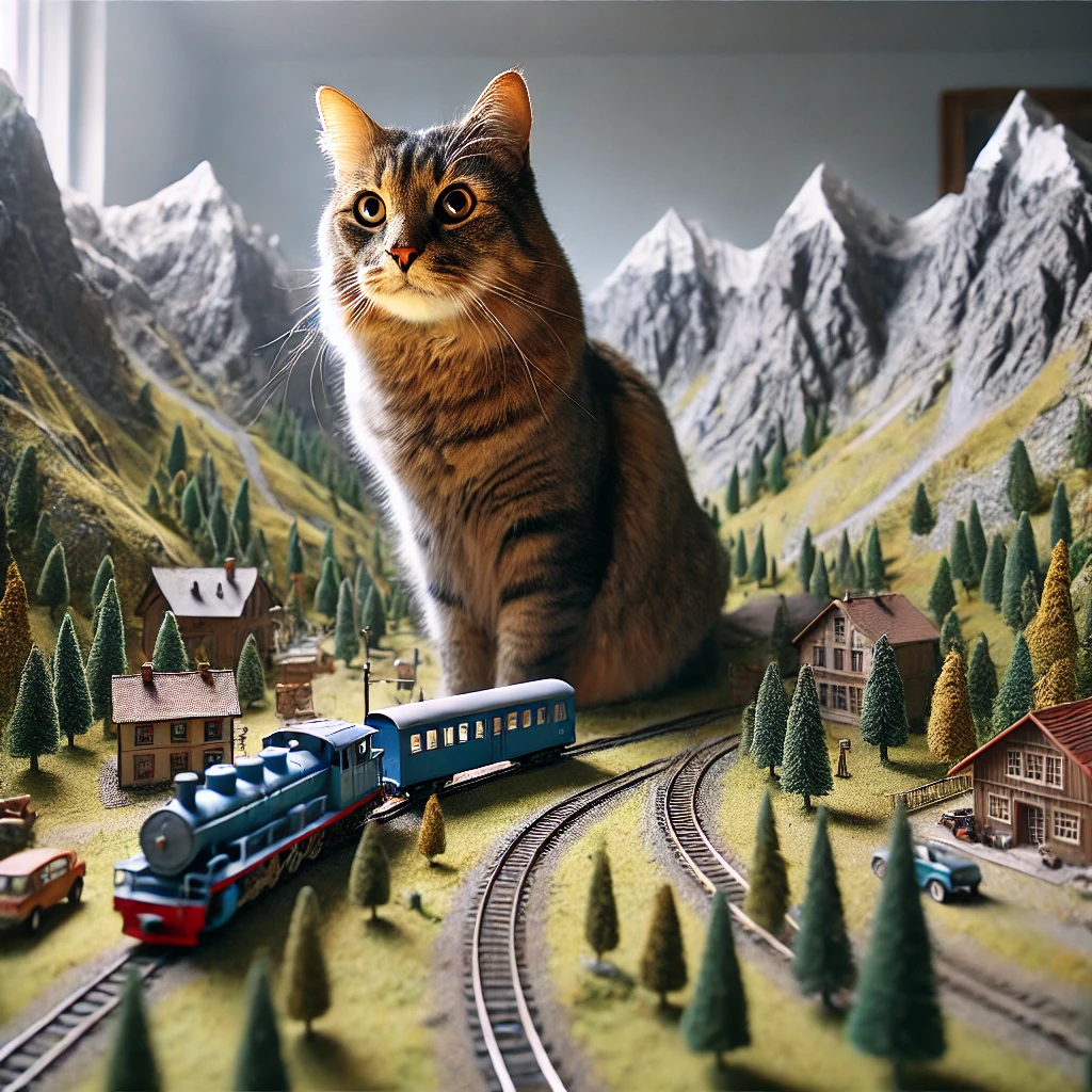 プロンプトは「山間を走るジオラマにたたずむ猫の写真を生成してください」by DALL·E
