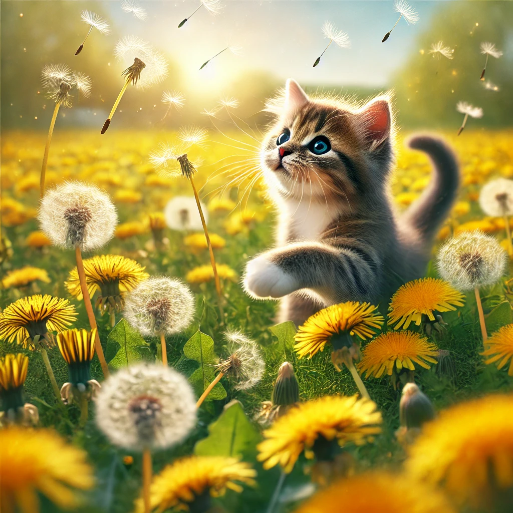 プロンプトは「たんぽぽとたわむれる猫の写真を生成してください」by DALL·E