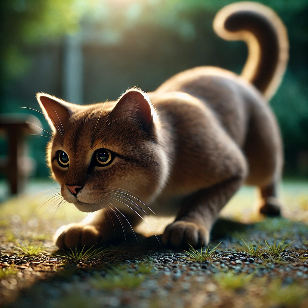 プロンプトは「低い姿勢で獲物を狙う猫の写真を生成してください」by DALL·E