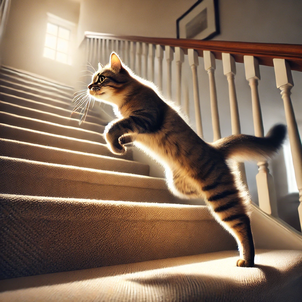 プロンプトは「階段を駆け上がる猫の写真を生成してください」by DALL·E