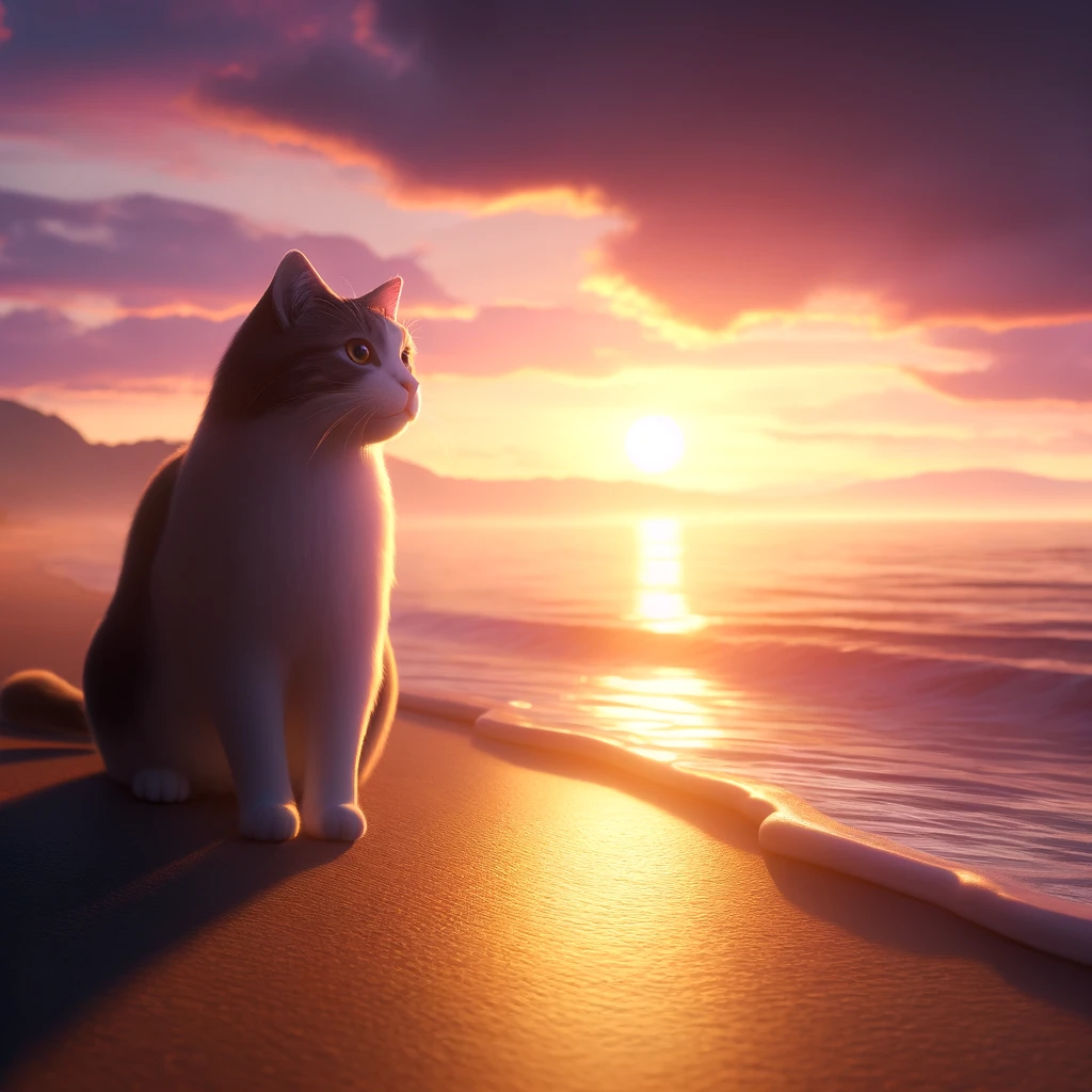 プロンプトは「夕日が見える海岸でくつろぐ猫の写真を生成してください」by DALL·E