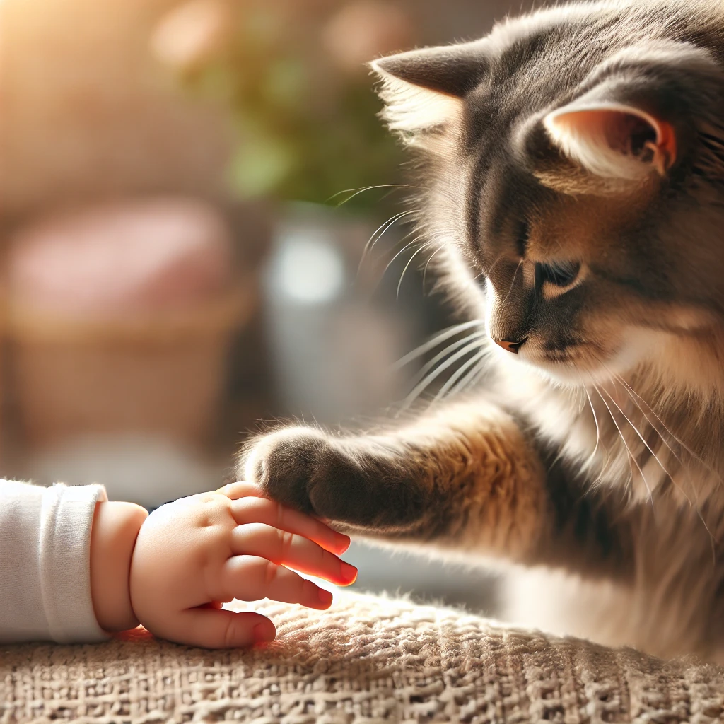 プロンプトは「人間の赤ちゃんの手にちょんと肉球を乗せた猫の写真を生成してください」by DALL·E