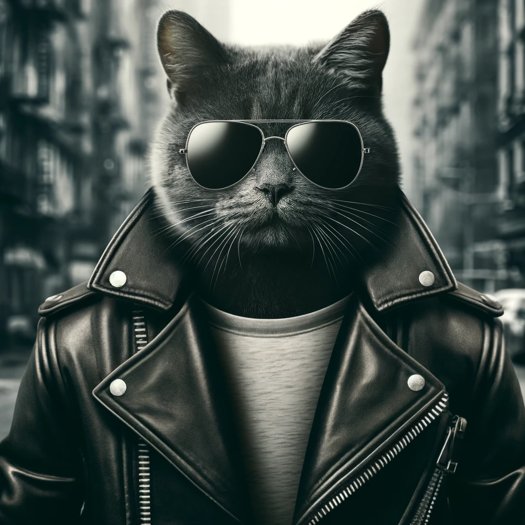 プロンプトは「革ジャンを着てサングラスをかけた猫の写真を生成してください」by DALL·E
