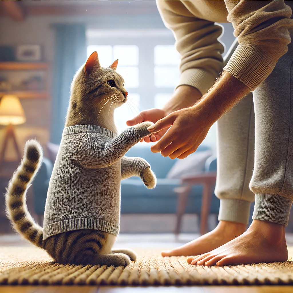 プロンプトは「飼い主と握手をする猫の写真を生成してください」by DALL·E