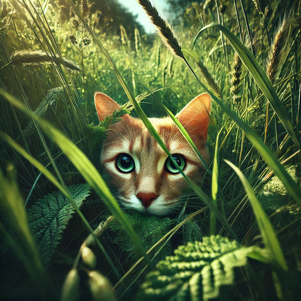 プロンプトは「草むらの中から獲物を狙う猫の写真を生成してください」by DALL·E