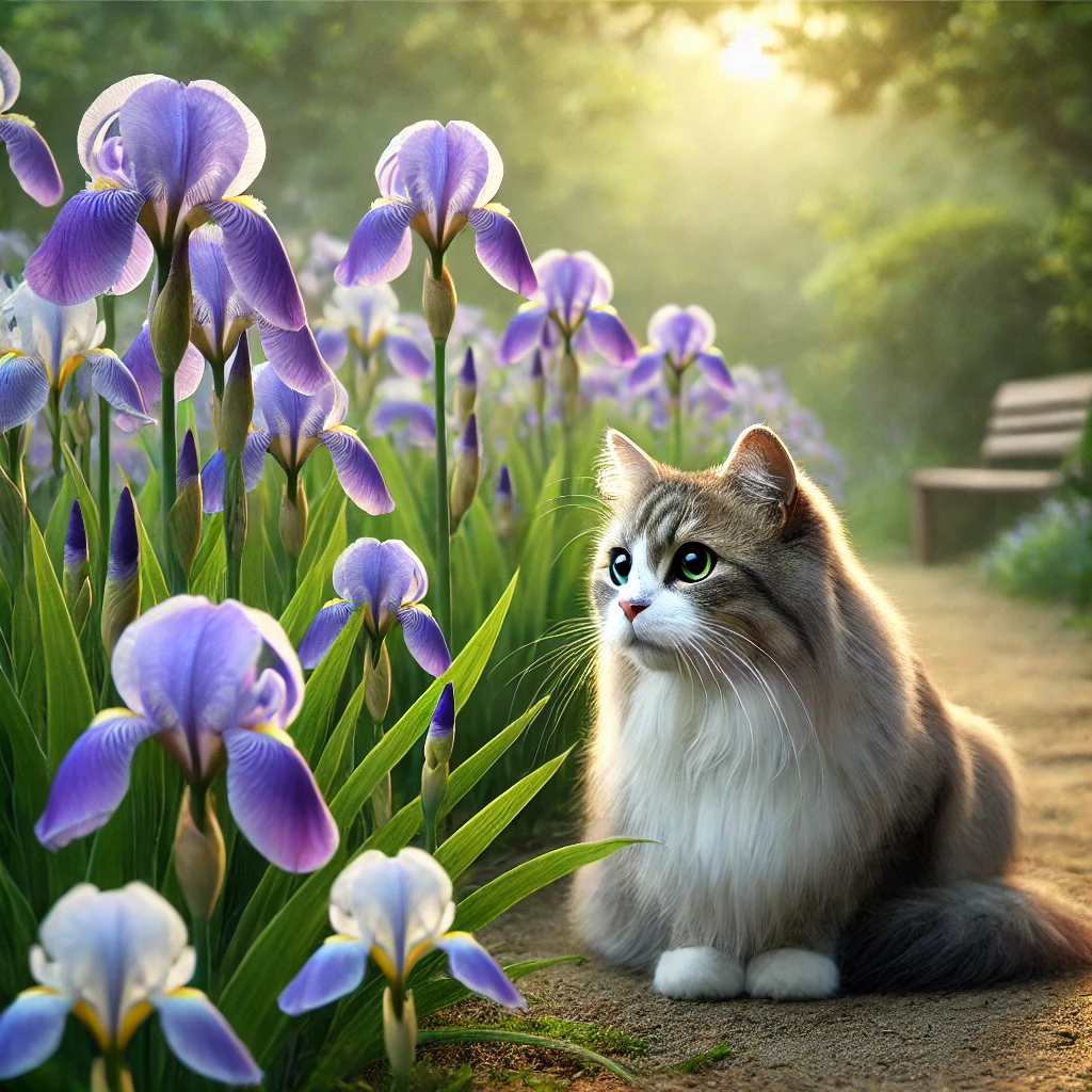 プロンプトは「ハナショウブを見つめる猫の写真を生成してください」by DALL·E