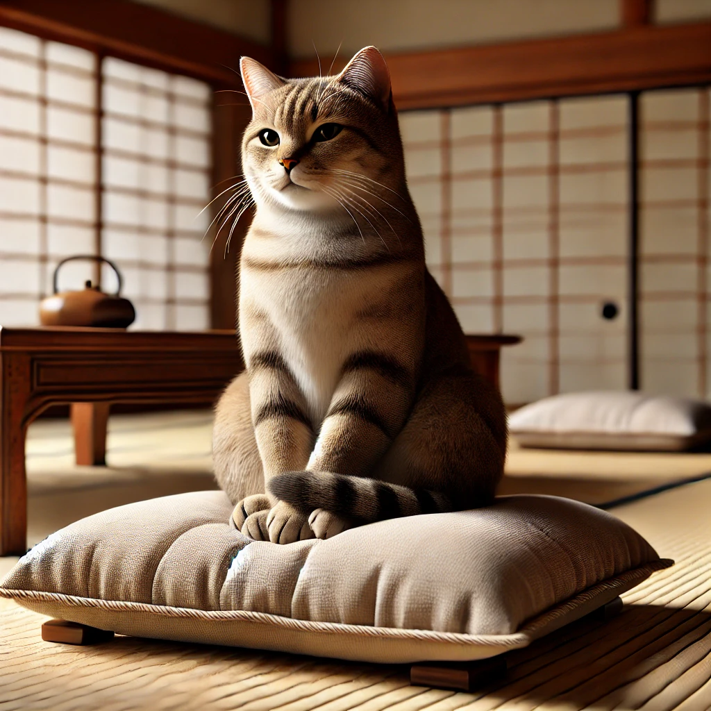 プロンプトは「座布団の上で正座する猫の写真を生成してください」by DALL·E