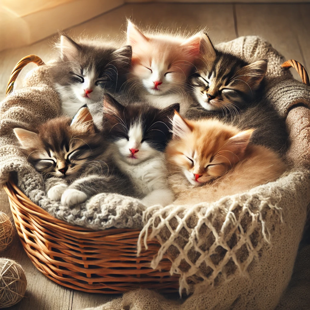プロンプトは「6匹の子猫が身を寄せ合って眠るの写真を生成してください」by DALL·E