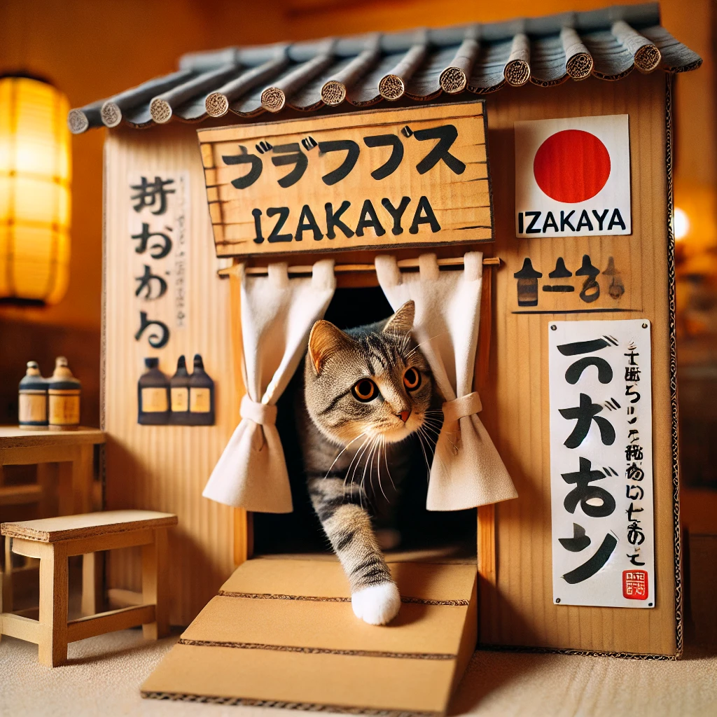 プロンプトは「段ボール製の居酒屋から出てくる猫の写真を生成してください」by DALL·E