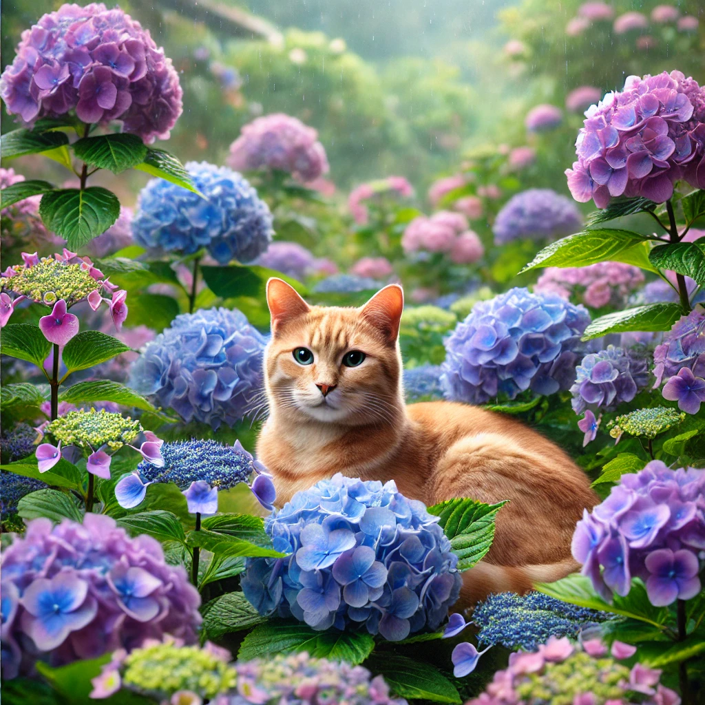 プロンプトは「紫陽花に囲まれた猫の写真を生成してください」by DALL·E
