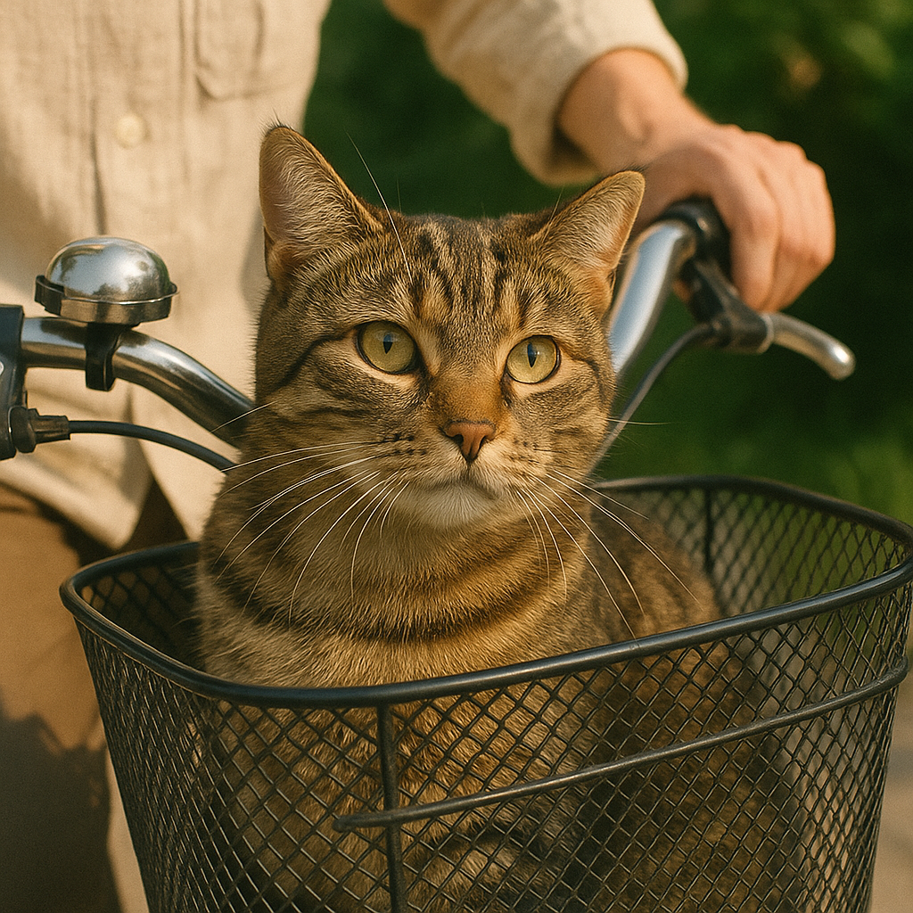 プロンプトは「自転車のカゴに乗る猫の写真を生成してください」by ChatGPT