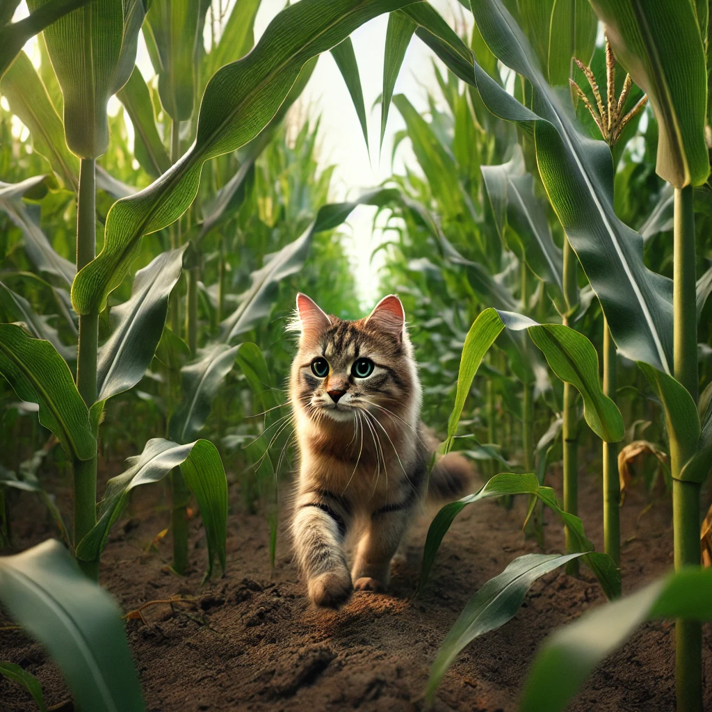 プロンプトは「とうもろこし畑で遊ぶ猫の写真を生成してください」by DALL·E