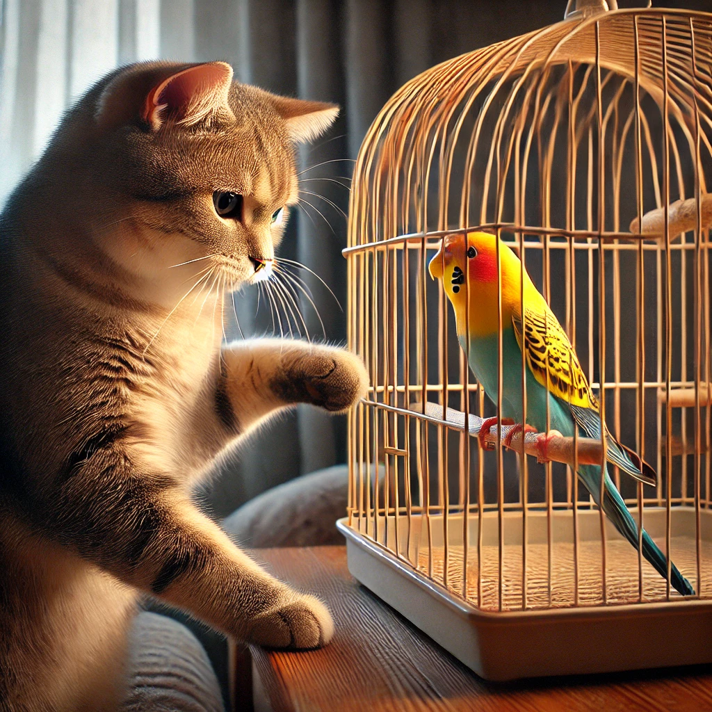 プロンプトは「鳥籠の中のインコと会話する猫の写真を生成してください」by DALL·E
