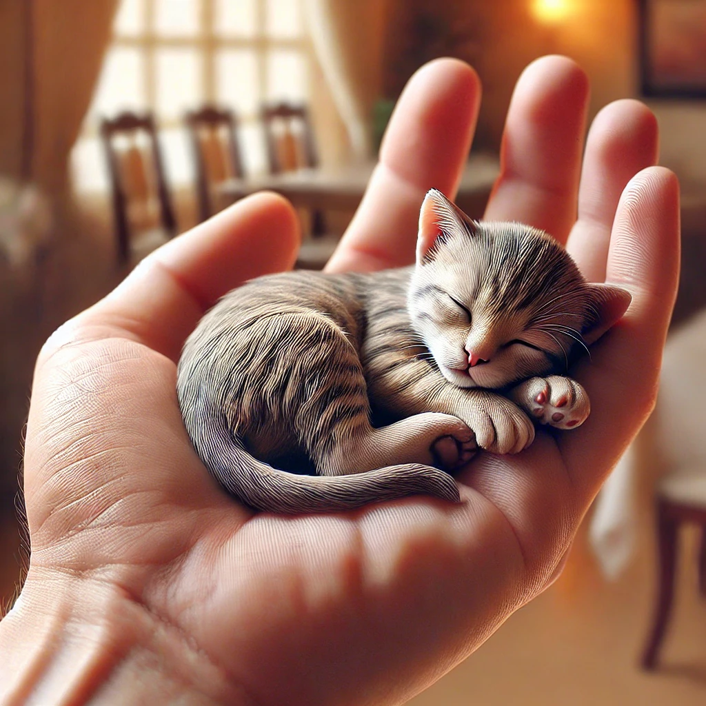 プロンプトは「飼い主の手のひらで眠る子猫の写真を生成してください」by DALL·E