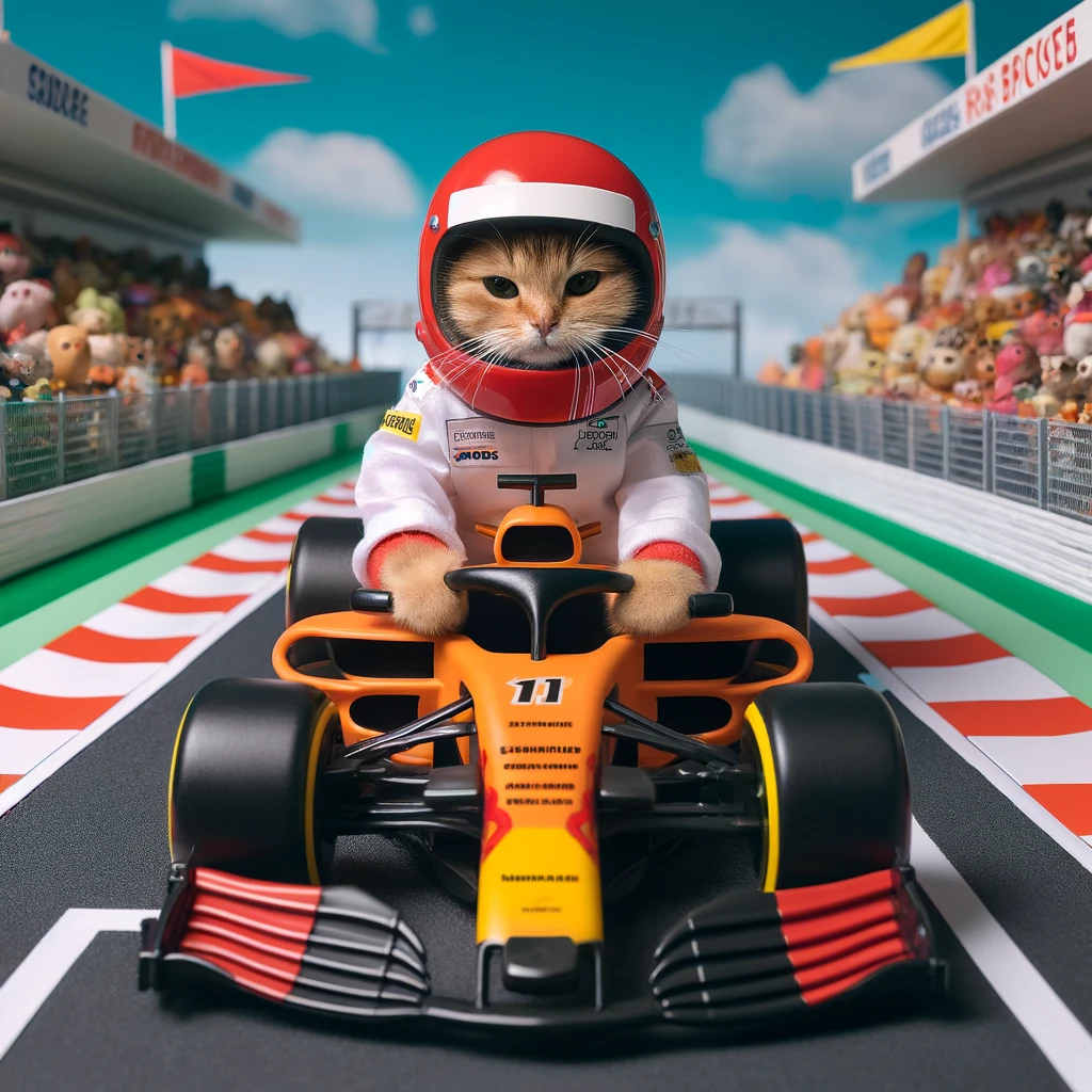 プロンプトは「F1レーサーになった猫の写真を生成してください」by DALL·E