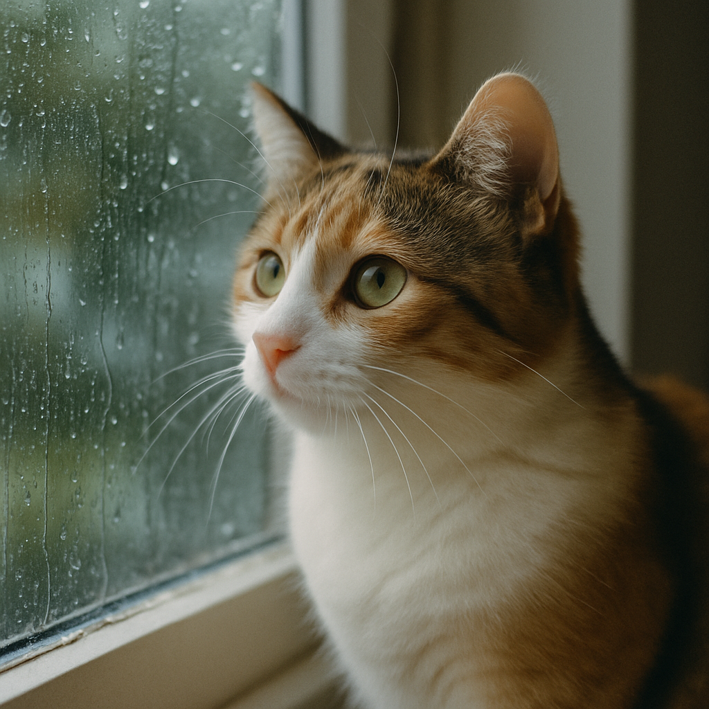 プロンプトは「窓辺で雨を眺める猫の写真を生成してください」by ChatGPT