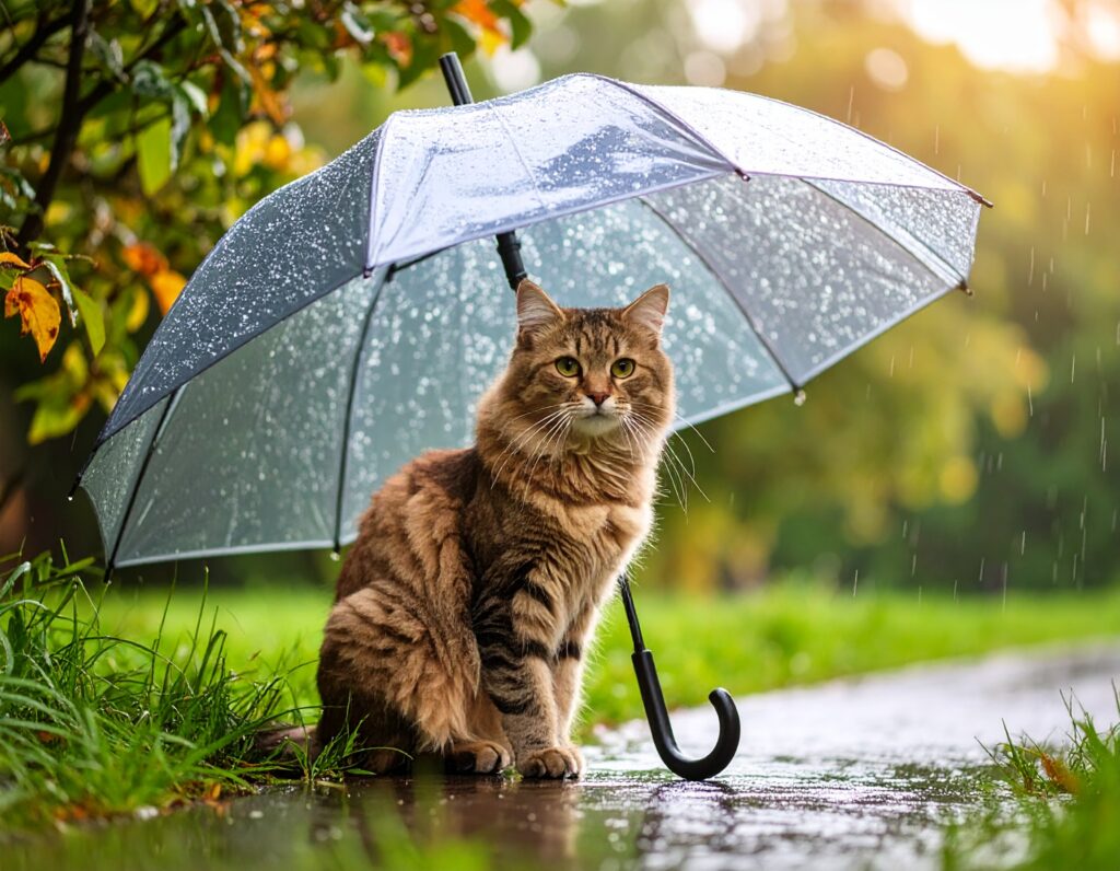 プロンプトは「地面に置かれた傘の下で雨宿りする猫の写真を生成してください」by Firefly