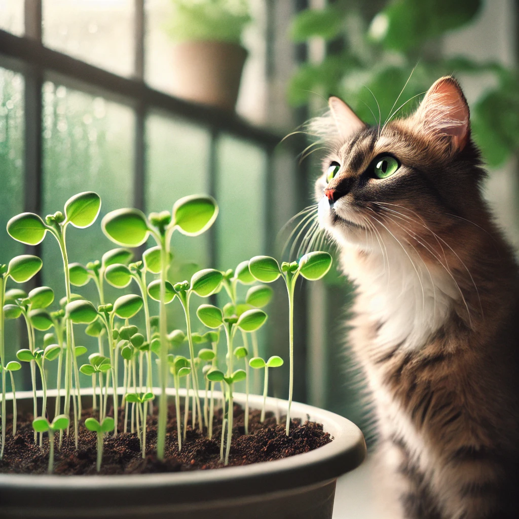 プロンプトは「プランターの苗を不思議そうに見つめる猫の写真を生成してください」by DALL·E