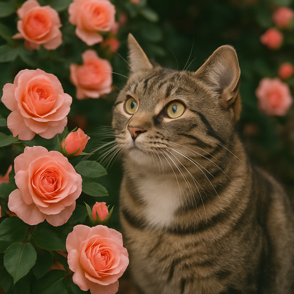 プロンプトは「薔薇に囲まれた猫の写真を生成してください」by ChatGPT