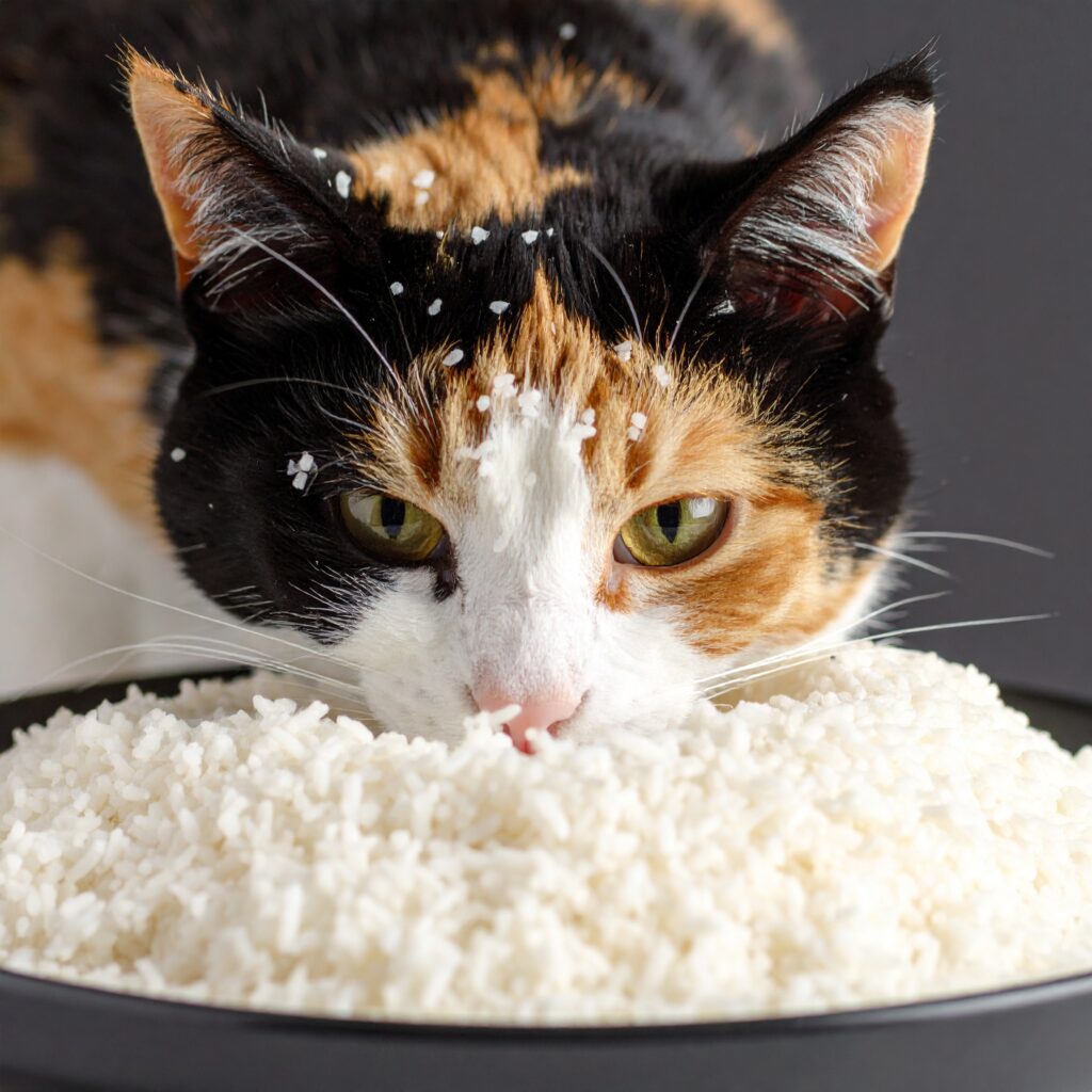 プロンプトは「ご飯のお皿に顔を突っ込んで食べる猫の写真を生成してください」by Firefly