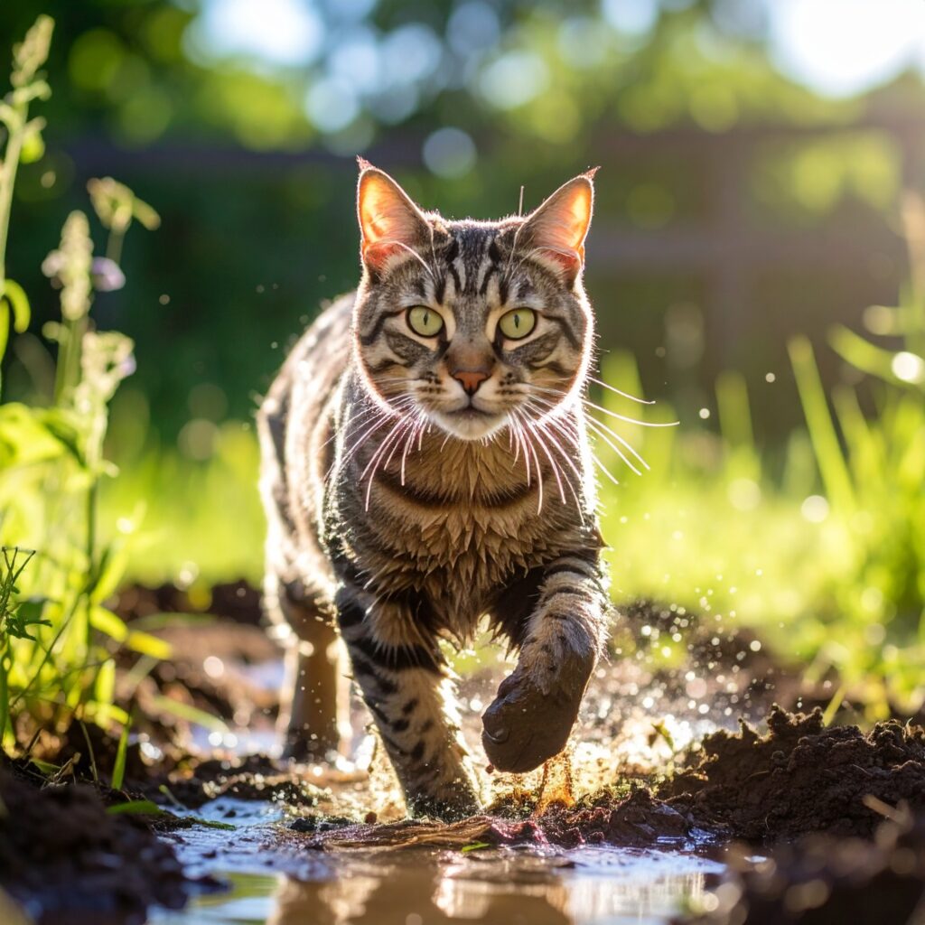 プロンプトは「ぬかるんだ道を泥だらけになって走る猫の写真を生成してください」by Firefly