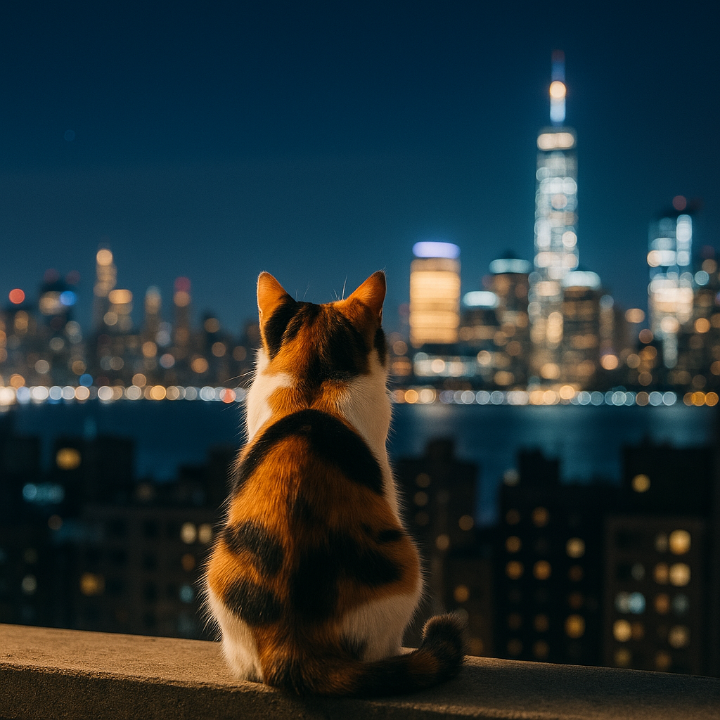 プロンプトは「都会の夜景を見つめる猫の写真（後ろ姿）を生成してください」by ChatGPT