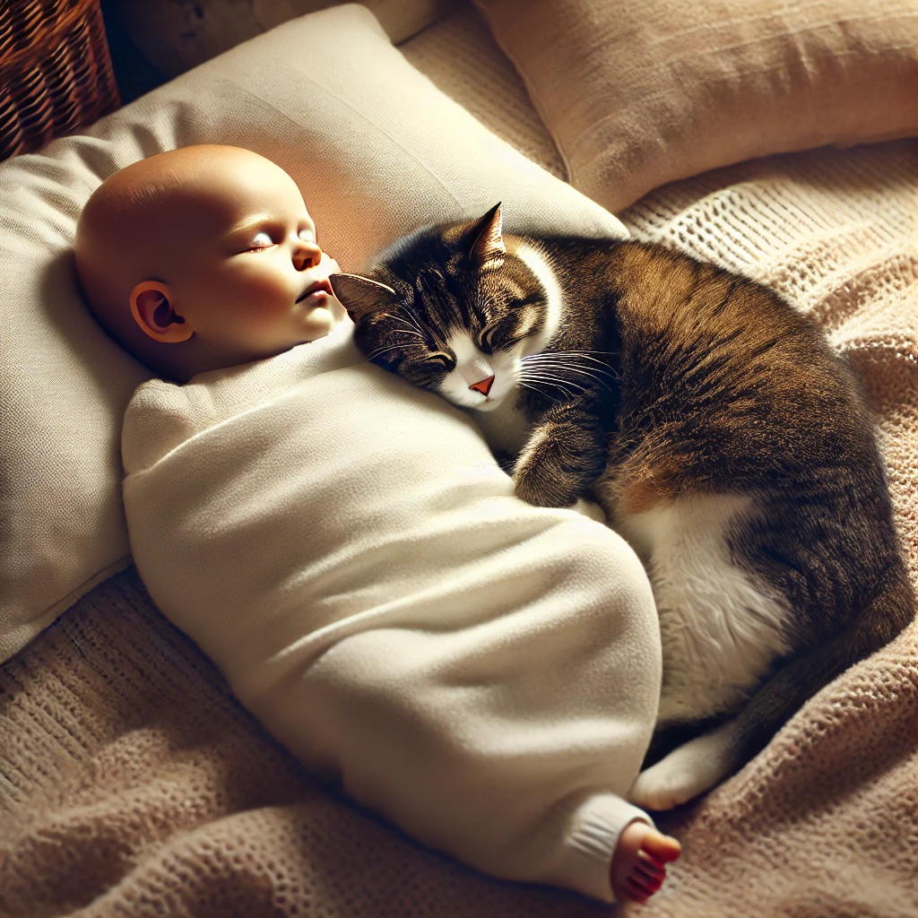 プロンプトは「人間の赤ちゃんと寄り添って眠る猫の写真を生成してください」by DALL-E