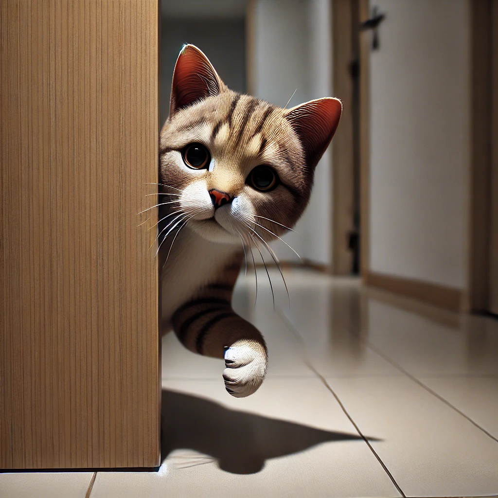 プロンプトは「ドアの影からチラリとこちらを覗く猫の写真を生成してください」by DALL-E