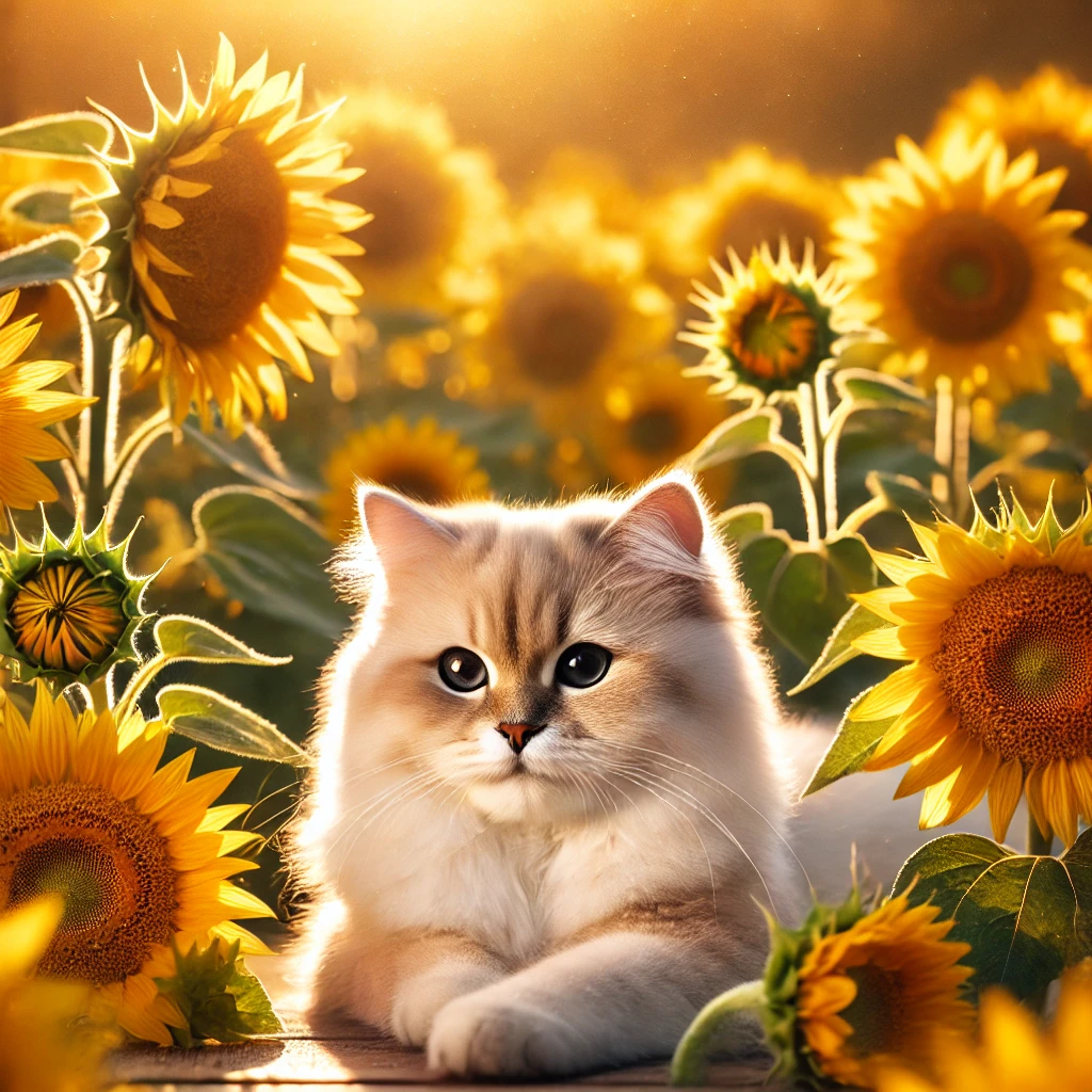 プロンプトは「ひまわりに囲まれた猫の写真を生成してください」by DALL-E