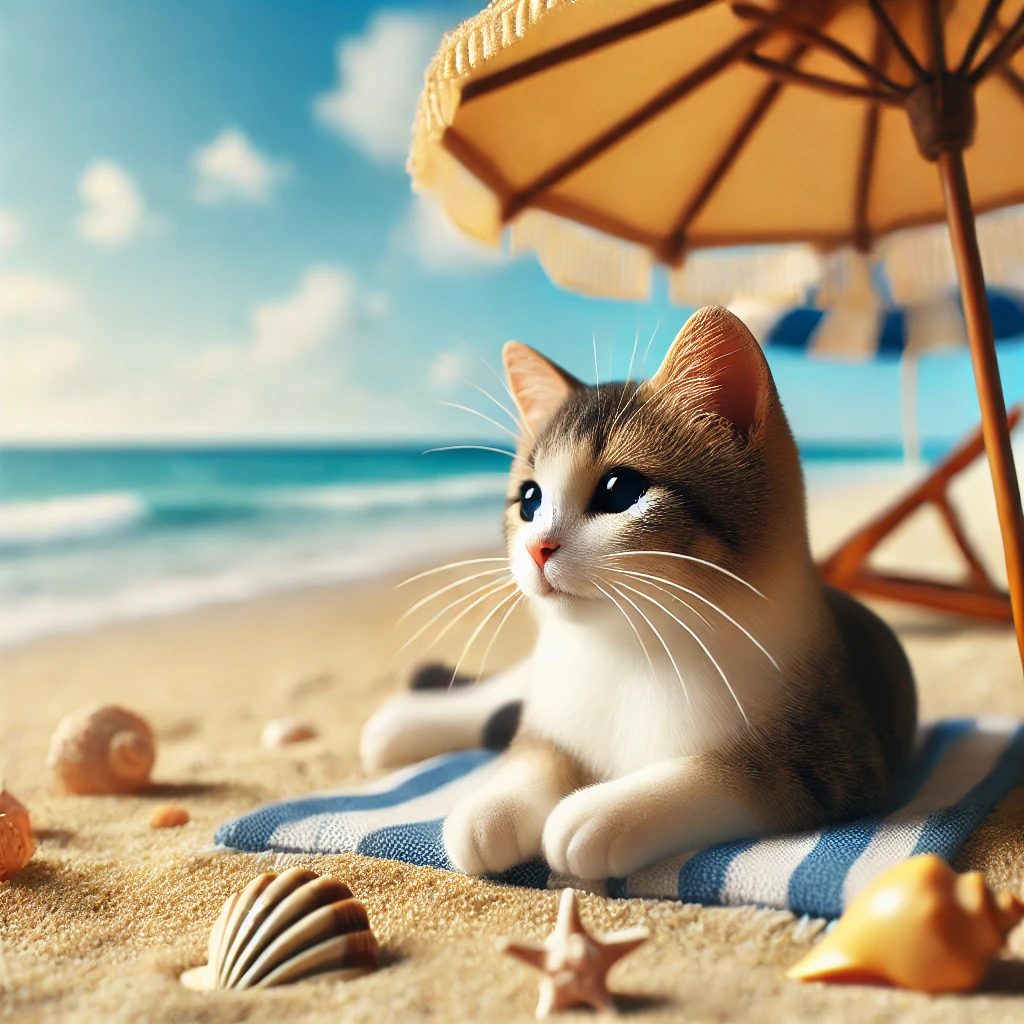 プロンプトは「ビーチでくつろぐ猫の写真を生成してください」by DALL-E