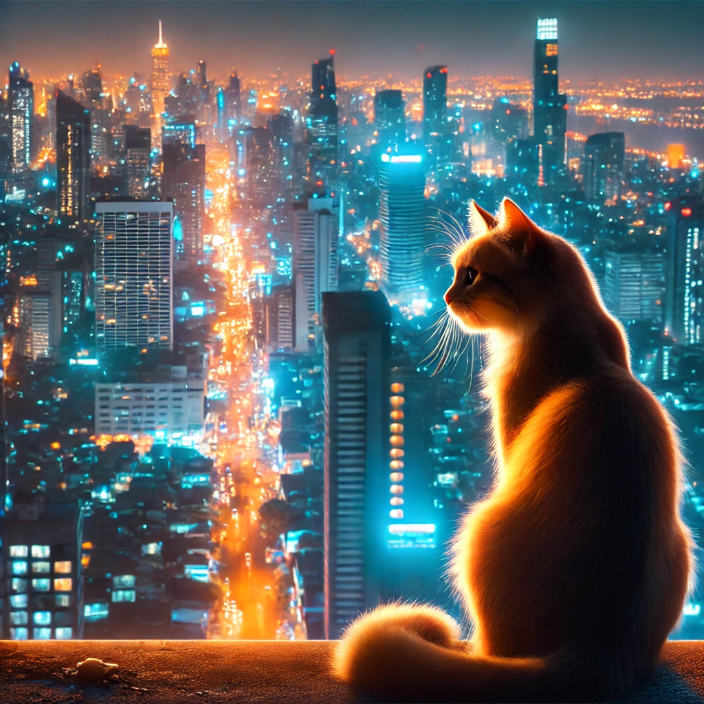 プロンプトは「ビルの屋上から都会の夜景を眺める猫の写真を生成してください」by DALL-E