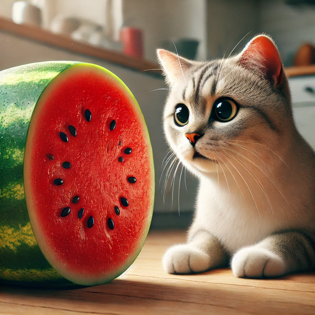 プロンプトは「スイカを珍しそうに見つめる猫の写真を生成してください」by DALL-E