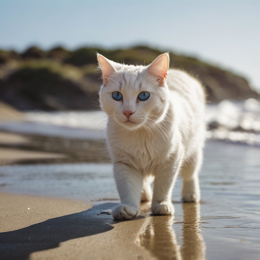 プロンプトは「海辺で遊ぶ猫の写真を生成してください」by LeonardoAI