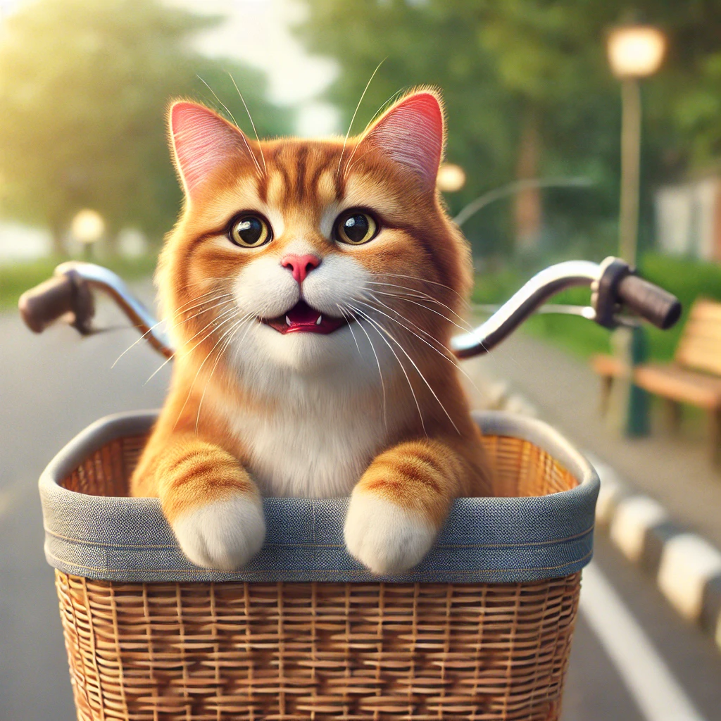 プロンプトは「飼い主の自転車のカゴにのてうれしそうな猫の写真を生成してください」by DALL-E