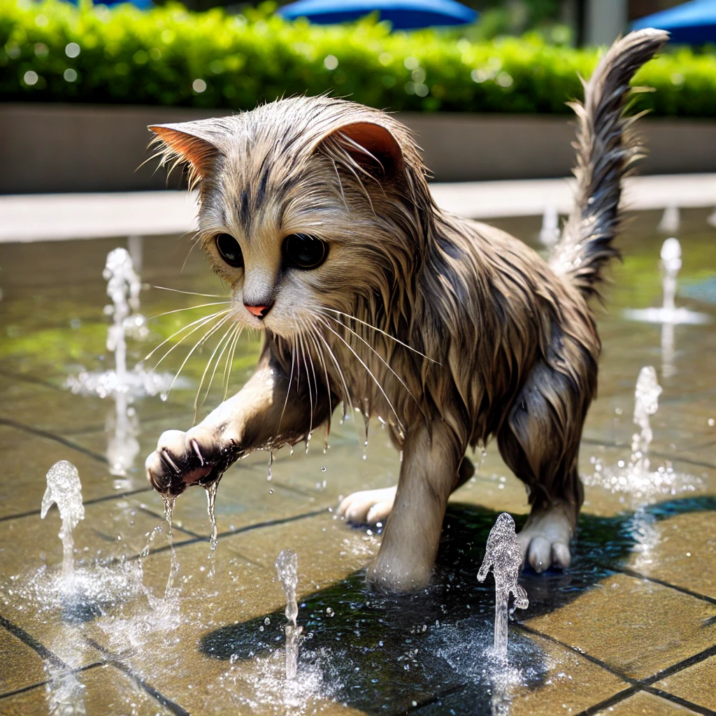 プロンプトは「噴水で水遊びする猫の写真を生成してください」by DALL-E