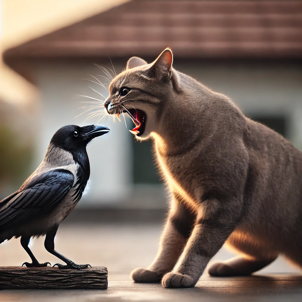 プロンプトは「カラスを威嚇するように鳴く猫の写真を生成してください」by DALL-E