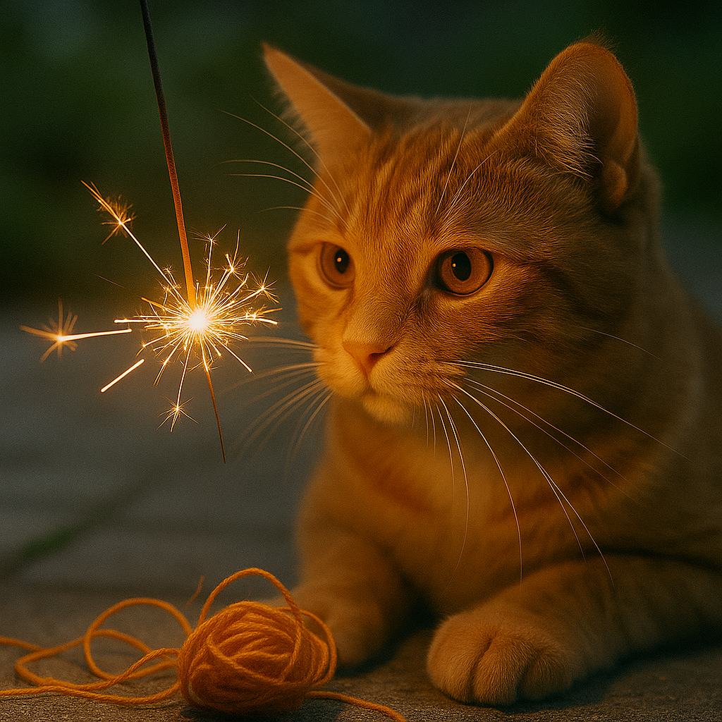 プロンプトは「線香花火を見つめる猫の写真を生成してください」by ChatGPT