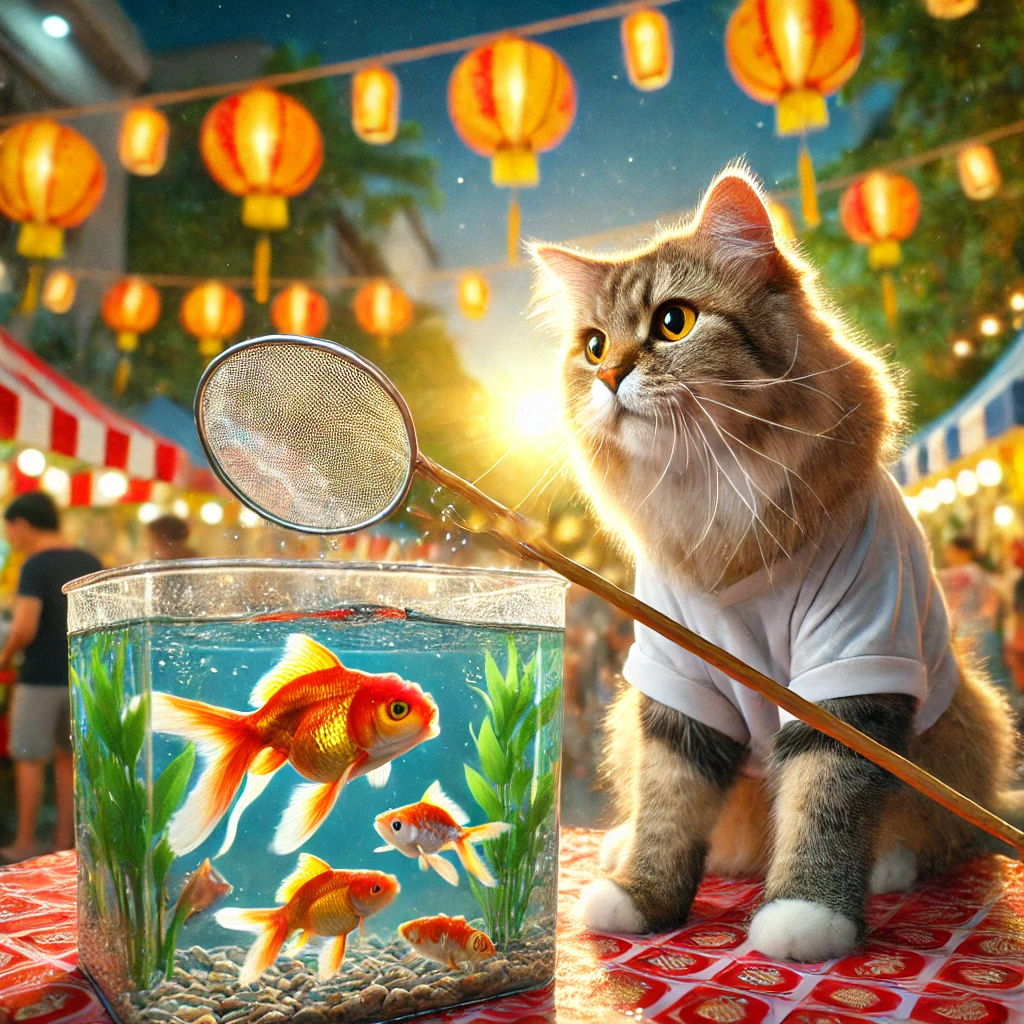 プロンプトは「金魚すくいをする猫の写真を生成してください」by DALL-E