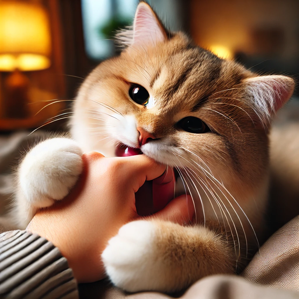 プロンプトは「飼い主の手を甘噛みする猫の写真を生成してください」by DALL-E