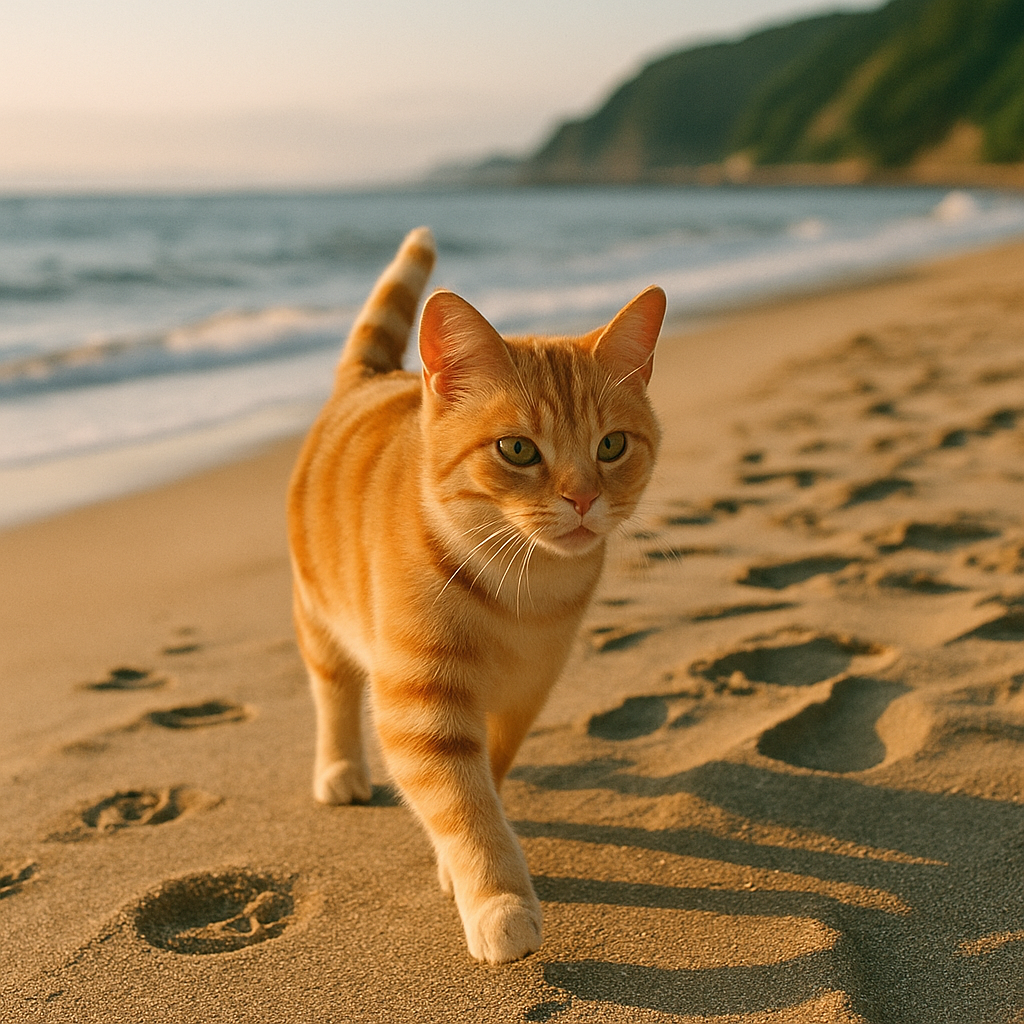 プロンプトは「砂浜を散歩する猫の写真を生成してください」by ChatGPT