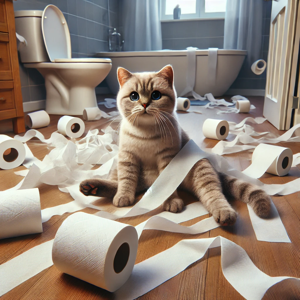 プロンプトは「トイレットペーパーを散らかして遊ぶ猫の写真を生成してください」by DALL-E