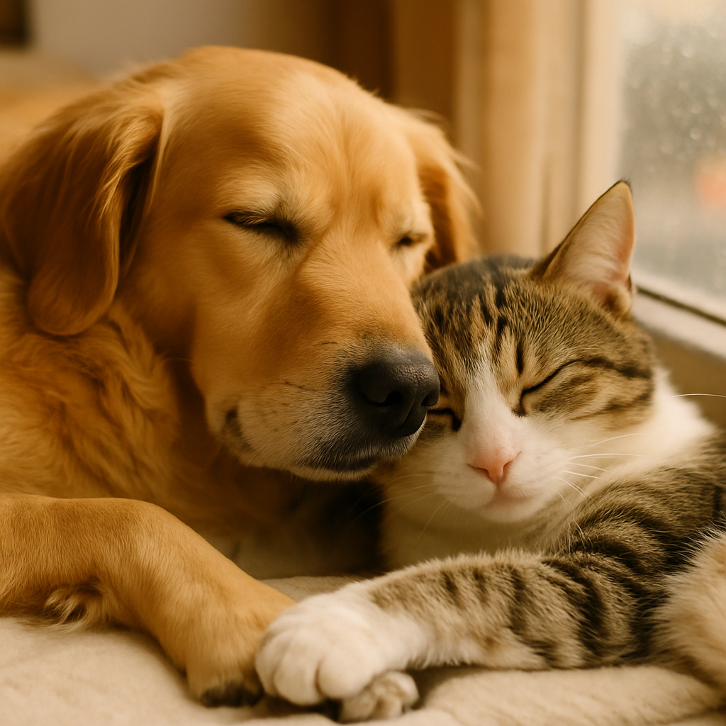 プロンプトは「犬と仲良く眠る猫の写真を生成してください」by ChatGPT