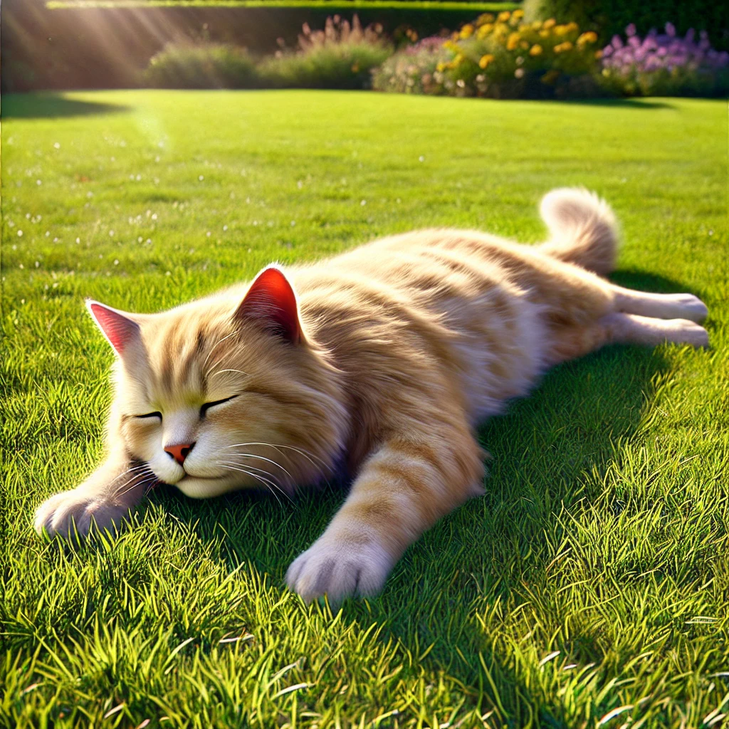 プロンプトは「芝生で日向ぼっこをする猫の写真を生成してください」by DALL-E