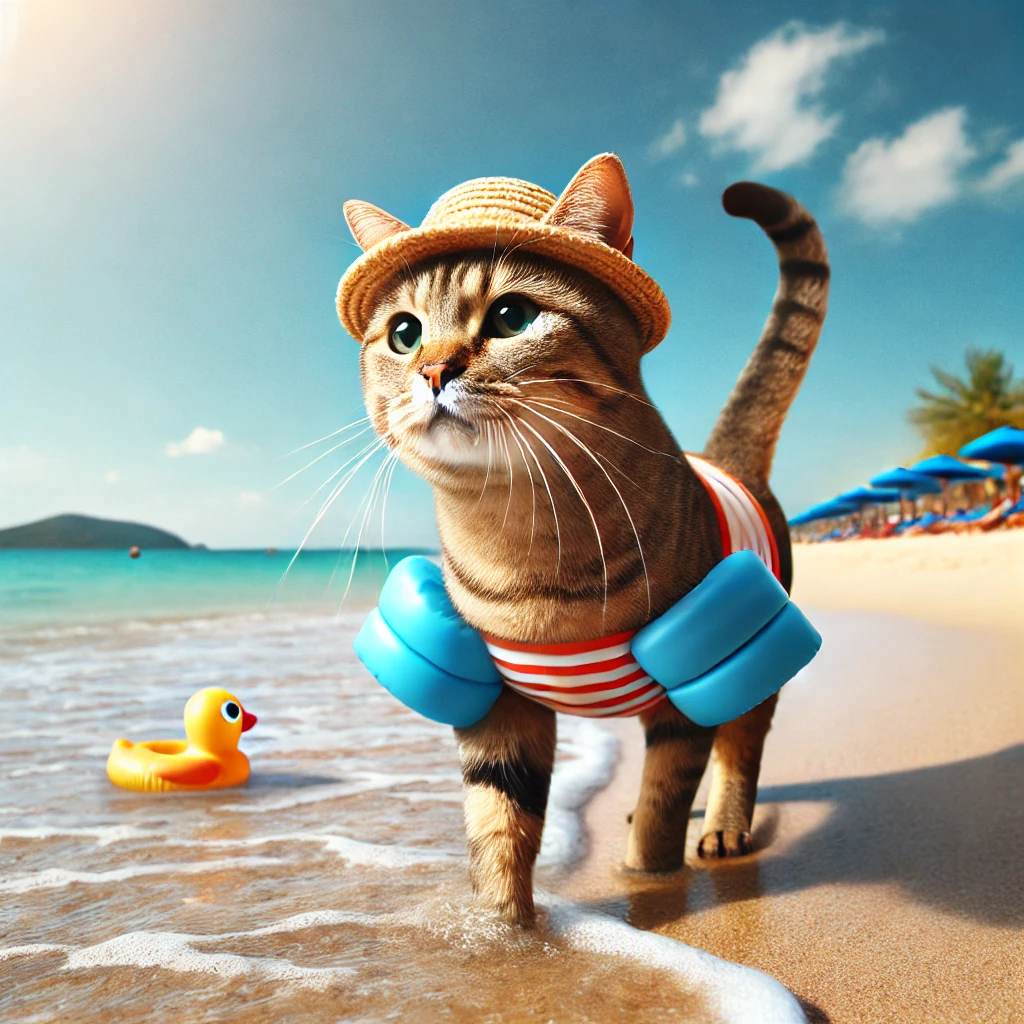プロンプトは「海水浴を楽しむ猫の写真を生成してください」by DALL-E