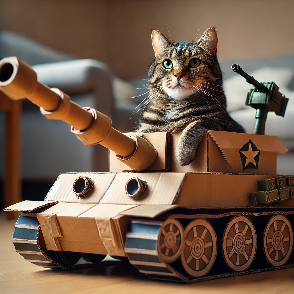 プロンプトは「ダンボール製の”戦車”に乗って得意げな猫の写真を生成してください」by DALL-E