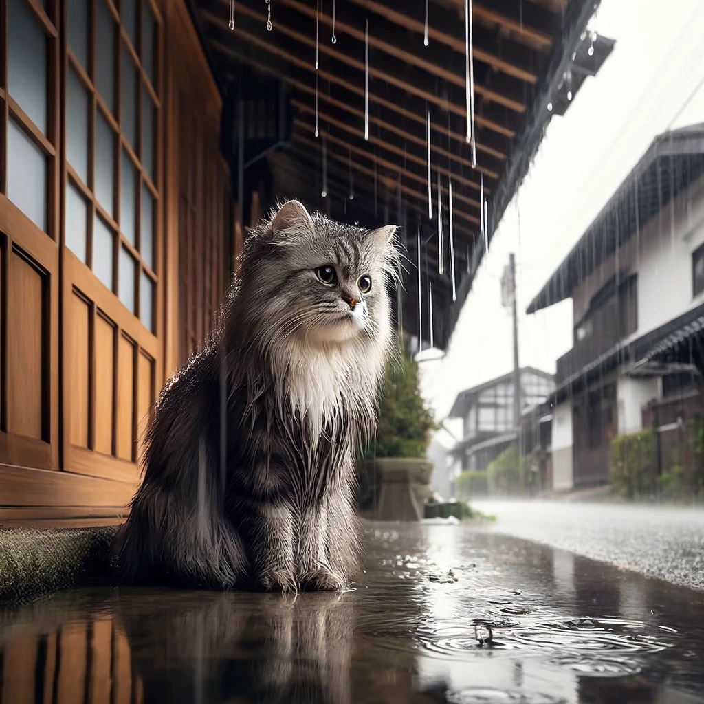 プロンプトは「軒下で雨宿りする猫の写真を生成してください」by DALL·E